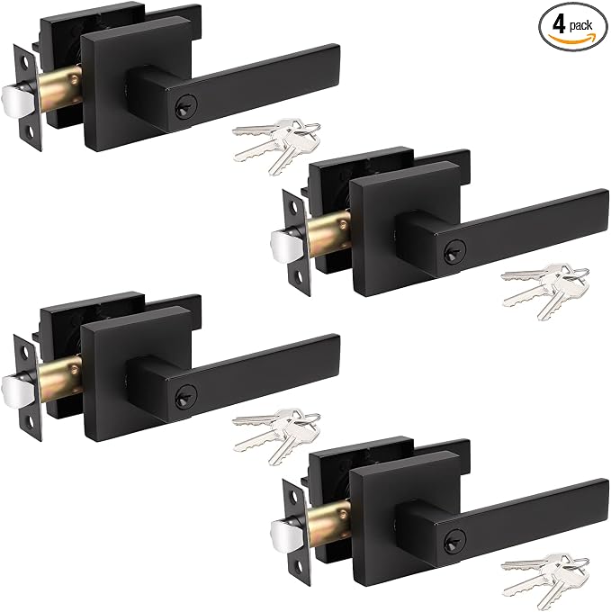 KNOBWELL Door Handles with Lock and Key, 4 Pack Matte Black Door Levers, Exterior Door Handles Front Door Levers, Reversible for Left and Right(Same Key)