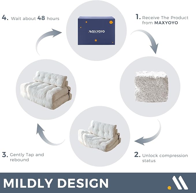 MAXYOYO Folding Sofa Bed, Convertible Sleeper Chair with Pilow Foldable Matress with Back Support, Portable Fold Out Chair Bed Comfy Floor Sofa Lounge for Living Room Bedroom, Beige, Double