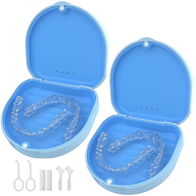 2 Pack Retainer Case, Slim Aligner Case with Vent Holes and Silicone Liner, Compatible with Invisalign, Includes Removal Tool, Brush, Chews, Blue