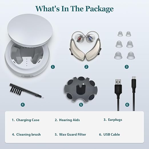 Rechargeable Hearing Aids for Seniors Adults Hearing Loss, Receiver-In-Canal(RIC) Hearing Amplifier, Three Noise Reduction Modes, Comfortable Fit, OTC (Champagne)