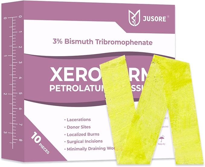 JUSORE Xeroform Petrolatum Dressing 1"x8" - 10 PCS Non Stick Gauze Pads | Medical Soft Fine Mesh Gauze Patch for Wound Care, Burns, Lacerations, Skin Grafts & Surgical Incisions,10 Individual Pack