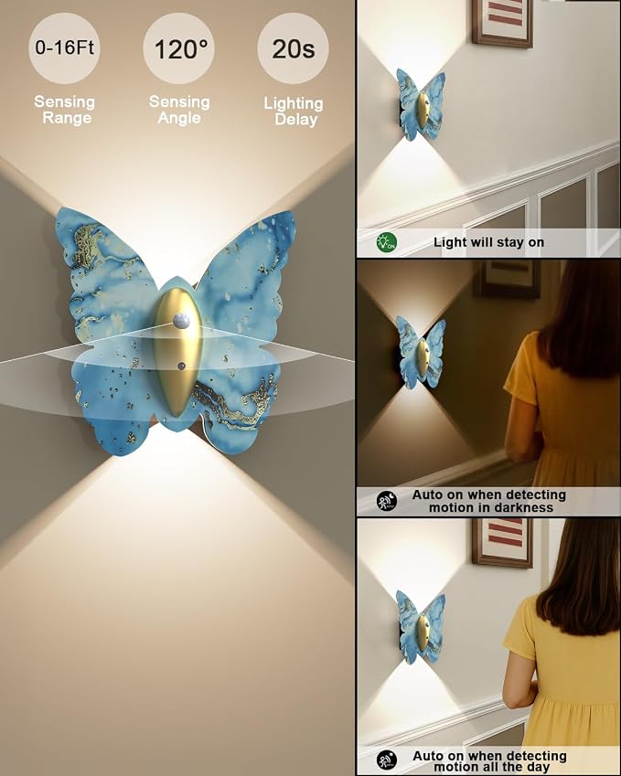 Eneru Motion Sensor Wall Sconce Set of 2, Rechargeable Wall Lights, Indoor | 5000mAh Battery Operated Wall Sconces, Magnetic Butterfly Motion Night Light for Hallway Stair Closet Pantry, Blue & Gold