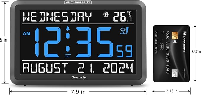 DreamSky Large Digital Clock with Date and Day of Week for Seniors | Electric Desk Clock for Elderly, Bedroom Alarm Clock with Battery Backup, Dimmer, USB, Auto DST, Temperature, Volume Control