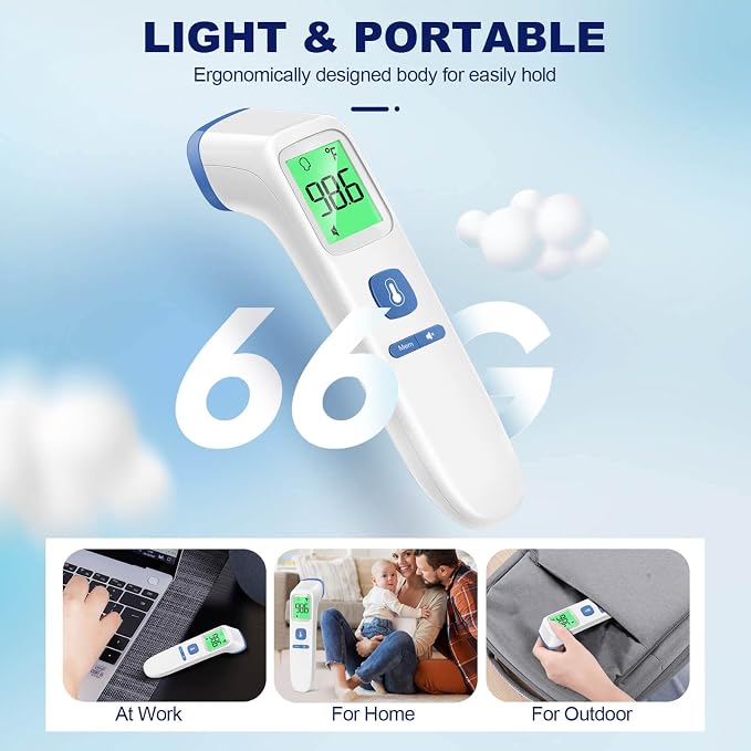No-Touch Thermometer for Adults, Kids, Babies, 1-Sec Fast Accurate (Blue) | Fever Alarm, Large LCD with 3-Color Backlight, Silent Mode, 35-Reading Memory, Forehead & Object Mode, for Home & Clinic