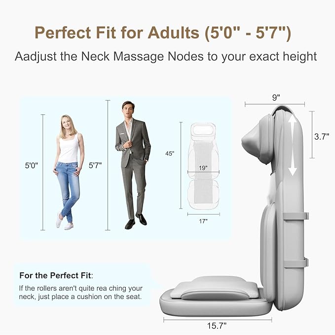 Rainwolf Shiatsu Neck and Back Massage Cushion with Heat - 4D Deep Tissue Kneading Full-Back Massager for Relief Stress, Adjustable Intensity & Height, for Office Chair & Home