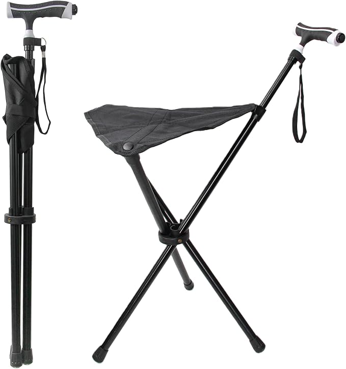 FATTCHIAR Cane with Seat, Adjustable Height 34.2"-39.7" Walking Stick with Seats, Cane Chair Capacity 220lbs, Folding Lightweight Portable Stool for Adults Seniors Camping Hiking
