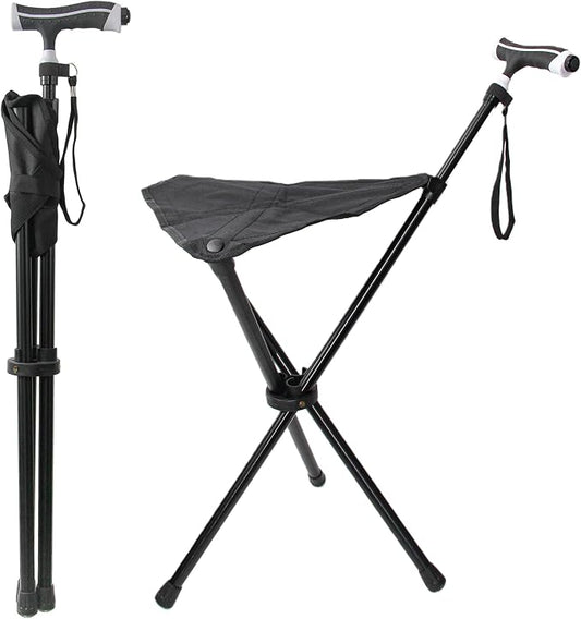 FATTCHIAR Cane with Seat, Adjustable Height 34.2"-39.7" Walking Stick with Seats, Cane Chair Capacity 220lbs, Folding Lightweight Portable Stool for Adults Seniors Camping Hiking