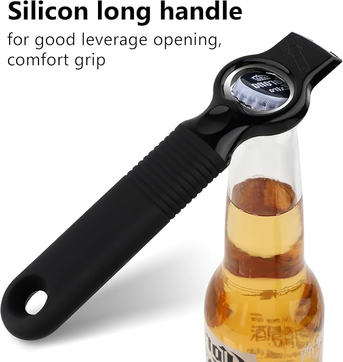 2-Pack Magnetic Beer Bottle Opener & Soda Can Opener, 2-in-1 Bottle Opener and Can Tab Opener Tool for Bartender, Long Nails, Arthritis, Seniors, Silicone Handle with Build in Magnet - Black