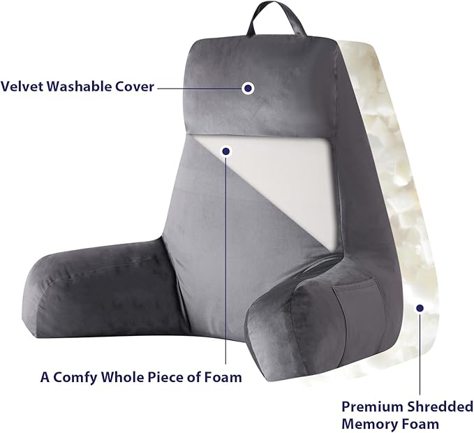 Reading Pillow with Arms for Adult, Back Pillow for Bed Sitting Up, Shredded Memory Foam Backrest Pillow with Pockets & Removable Washable Cover, Lounging, Watching TV, Reading(24inch Grey)
