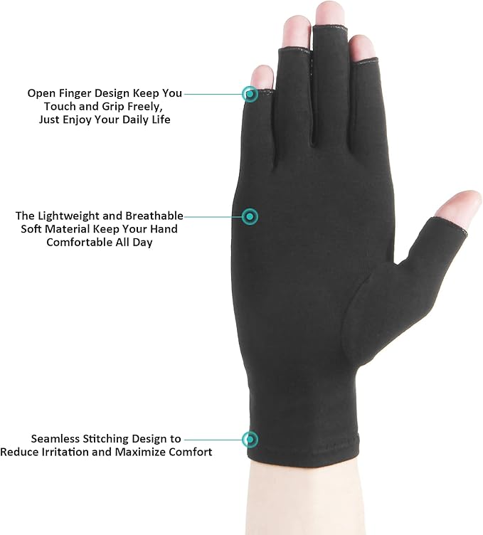 2 Pairs Arthritis Gloves Fingerless Compression Gloves for Relieve Hand Pain, Rheumatoid, Osteoarthritis, Tendonitis, Carpal Tunnel for Women and Men to Daily Work (Black, Small)