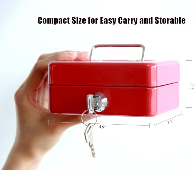 Small Cash Box with Lock and Slot - Jssmst Metal Coin Bank Piggy Bank for Adults and Kids, Red(SMCB0303N)