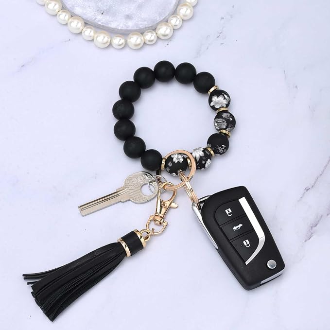 BAOSIWA Silicone Beaded Bracelet Keychain Wristlet Key Ring Bangle Chains for Women with Leather Tassel
