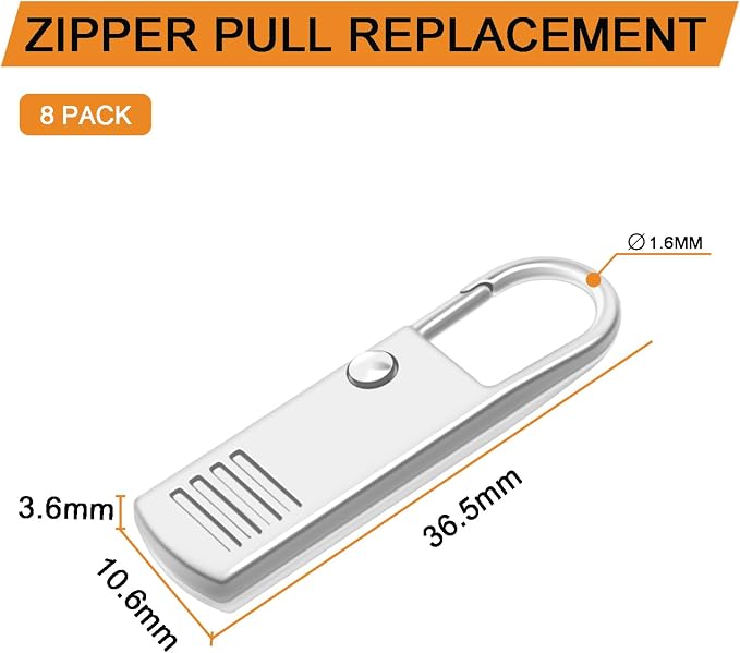 8 Pack Metal Zipper Pulls Replacement Slider, Detachable Zipper Pull Slider Accessories for Suitcase Luggage Backpack Repair(Silver)