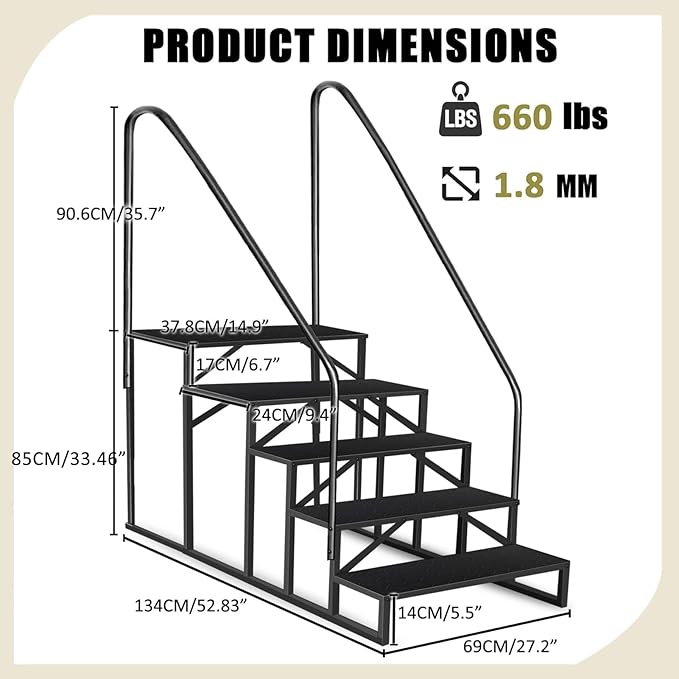 Step Ladder, Step Stool with Handle, Heavy Duty Pool Ladder Above Ground 660Lbs, Camper Steps Outdoor Steps RV Stairs for Reaching High, Portable Home Stairs for Travel Trailer (5 Step, Double Handle)