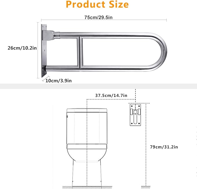 29.5 INCH Toilet Grab Bar Stainless Steel Handicap Rails Grab Bars Bathroom Support for Elderly Bariatric Disabled Commode Safety Hand Railing Guard Frame Shower Assist Aid Handrails Hand Grips