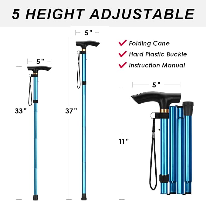Walking Cane, Folding Cane for Man & Women, Portable Lightweight | 5-Level Adjustable Height, Collapsible Cane for Seniors Balancing Mobility Aid