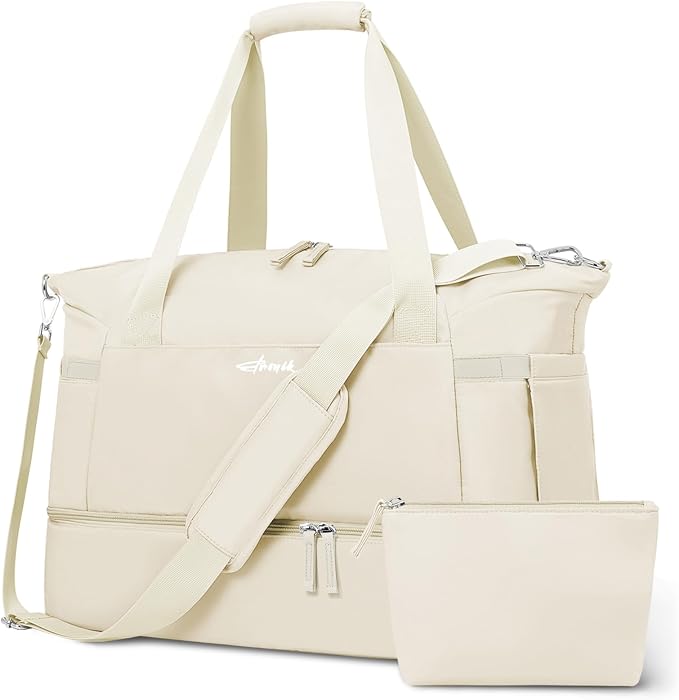 Gym Bag for Women, Personal Item Travel Bag with Shoes Compartment, Weekender Overnight Duffel Bag with Wet Pocket, Carry On Bag for Women, Travel, Gym, Weekend (Beige)