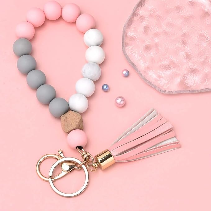 BAOSIWA Silicone Key Ring Bracelet Wristlet Keychain Unique Beaded Bangle Key Chains for Women with Leather Tassel