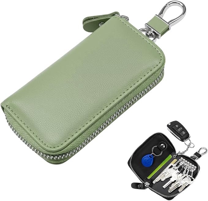 Leather Car Key Holder Bag, Unisex Key Fob Case with 6 Hooks, Zipper Closure Keychian Case Wallet for Smart Keys (Green)