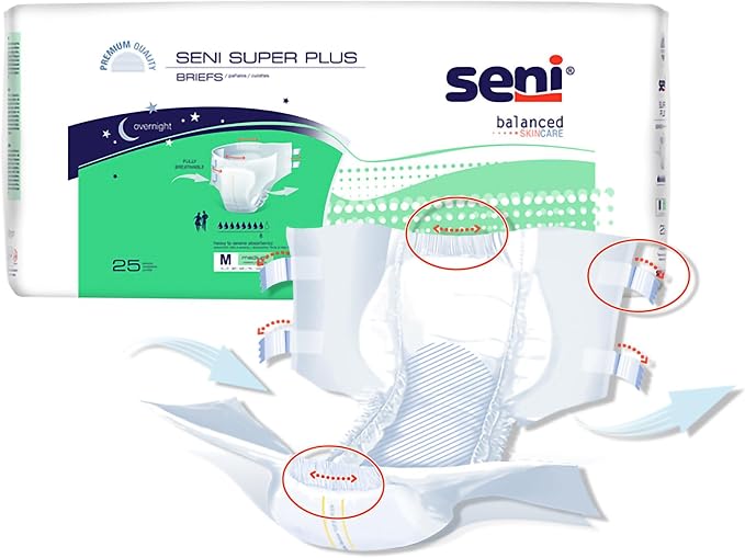 Seni Super Plus Unisex Adult Incontinence Briefs with tabs, Regular Size (40"-50"), 75 Count (3 Packs of 25), Heavy to Severe Absorbency, Disposable Overnight Brief for Men & Women