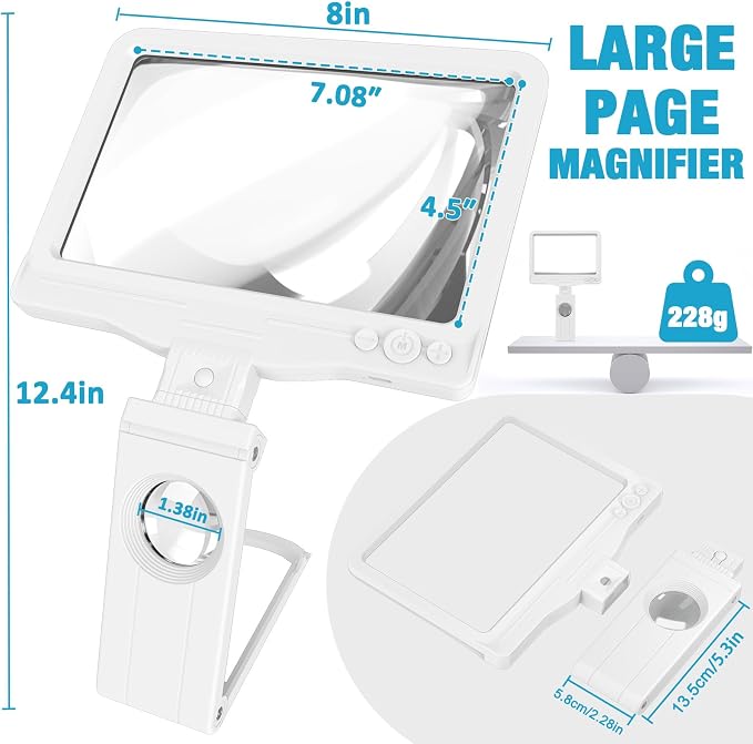30X 6X Rechargeable Magnifying Glass for Reading, Large Full Page Magnifier with Folding Stand, 3 Color Light Modes, Dimmable LED Lighted, Hands Free Book Magnifier for Low Vision Seniors, White