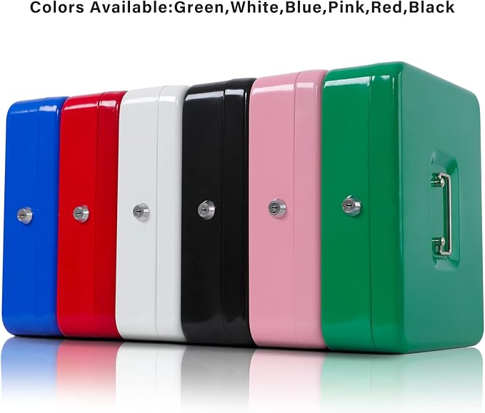 xydled Metal Cash Box, Cash Box with Money Tray and Key Lock, Storage Box, White,4 Bill / 5 Coin Slots,11.8" x 9.5" x 3.5",White