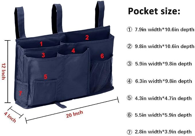 Bunk Bed Organizer, Bedside Storage Caddy, Hanging Pocket for Camp, Dorm Room, Hospital Bed Rail and More (Navy Blue)