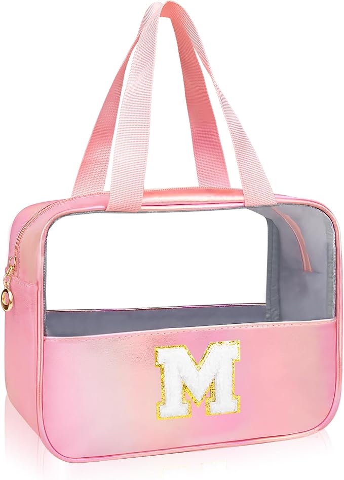 Personalized Initial Clear Makeup Organizer Large 9.13x3.54x6.89 Letter M Pink with Golden Chenille - Waterproof PU Leather Travel Cosmetic Case for Women Teen Girls