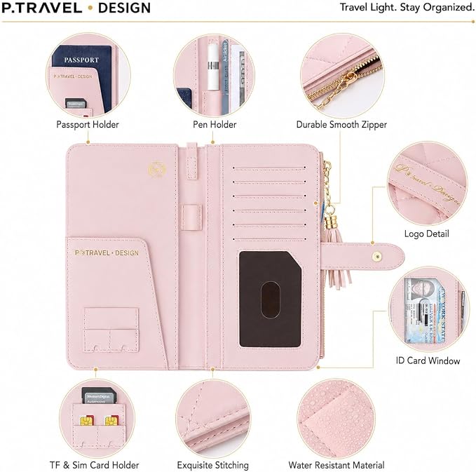 Passport Holder for Travel,Leather Passport Wallet,Travel Document Organizer with AirTag Slot,RFID Blocking With Credit Cards Case,Zippered Coins Pocket and Cash Slot for Women Men