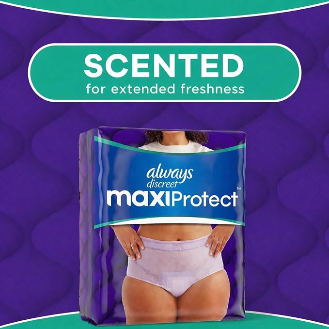 Always Discreet MaxiProtect Adult Diapers for Women, Incontinence Underwear, Scented, Postpartum Essentials, Bladder Leak Protection, Disposable Briefs, Maximum Plus Absorbency, Size S/M, 68 Count