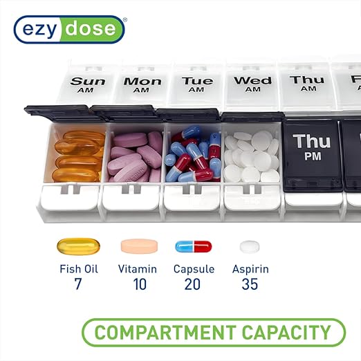 EZY DOSE Push Button (7-Day) Pill Case, Medicine Planner, Vitamin Organizer, 2 Times a Day AM/PM Container, X-Large Compartments, Arthritis Friendly, Effortless Open, Clear Lids, Blue/White, BPA Free