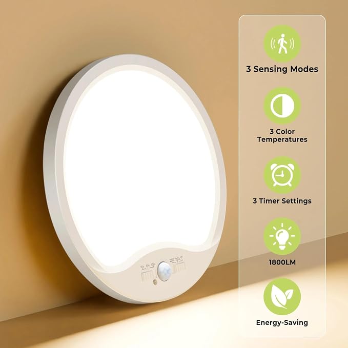hepside 4 Pack Motion Sensor Ceiling Light Wired, 3000K/4000K/6500K LED Flush Mount Ceiling Light Fixture, 8.7Inch 18W Motion Sensor Light with Timer for Closet Stair Porch Hallway Pantry,White