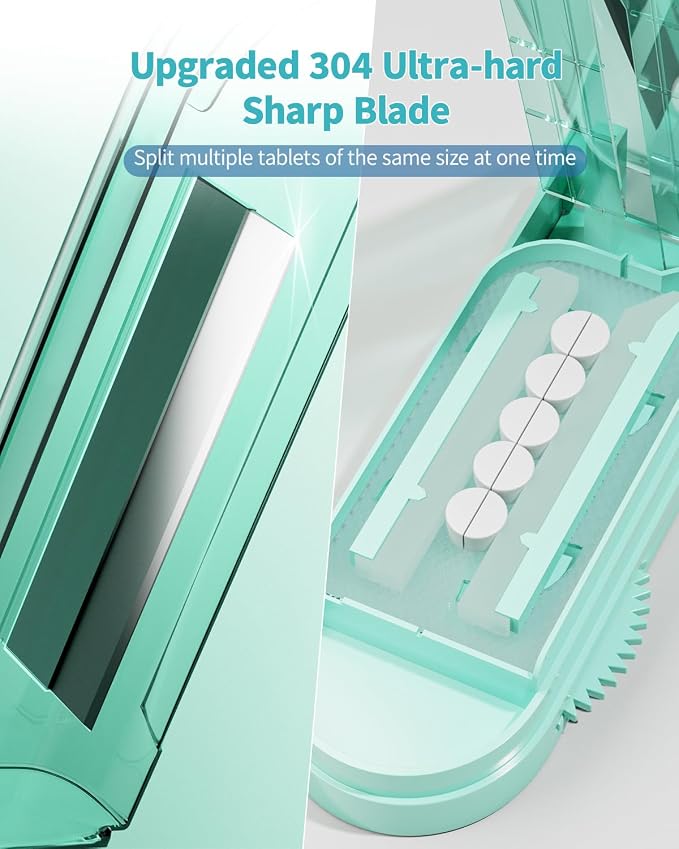 Pill Cutter Splitter for Small and Tiny Pills, Pill Splitter Accurately Cuts Multiple Pills at Once for Large and Small Medicines, Sharp Blade with Safety Guard (Green)