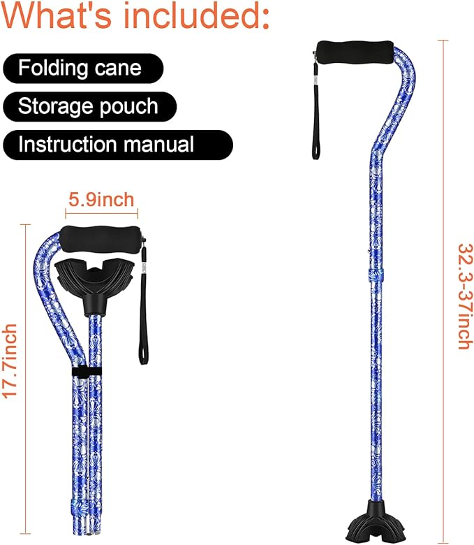 Floral Canes for Women Folding Cane for Stability with Non-Slip Base, Adjustable Walking Cane for Seniors - Lightweight Collapsible Walking Sticks with T & Offset Handle