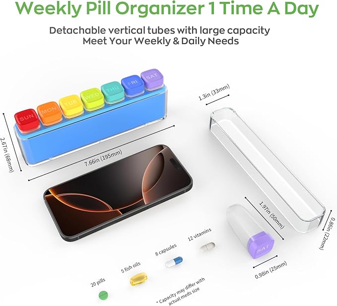 Weekly Pill Organizer 1 Time a Day, HIONXMGA Detachable Travel Pill Box 7 Day, Large Medicine Pill Case Container for Daily Medication Vitamin Supplement Fish Oil, Portable Week Pills Holder, Blue