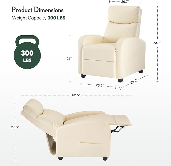 Massage Recliner Chair, Recliner Sofa Fabric for Adults, Recliners Home Theater Seating with Lumbar Support, Reclining Sofa Chair for Living Room, Cream