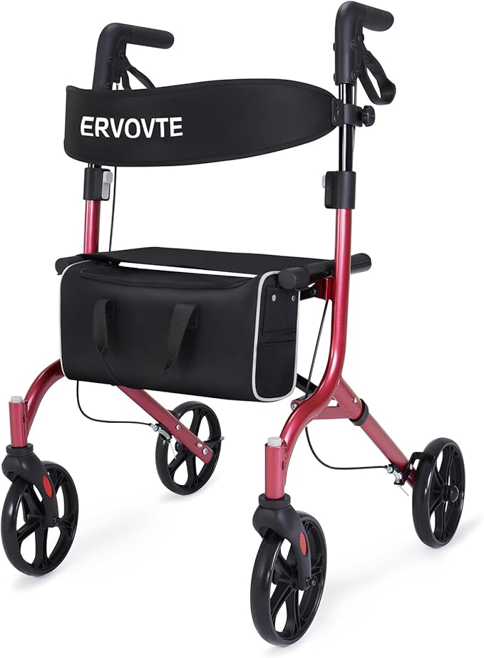 Walker with Seat for Seniors, Folding Lightweight Rollator Walker with Dual Brakes for Safety, 8" Big Wheels for All Terrain, Adjustable Height and 300 lbs Capacity