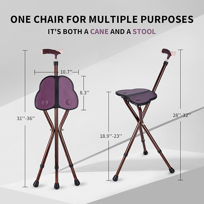 Folding Cane Seat 441 lbs Capacity Thick Aluminum Alloy Cane Stool Crutch Chair Seat Three-Legged Cane Seats Highly Adjustable Walking Stick Tall Unisex for Elderly As Gift