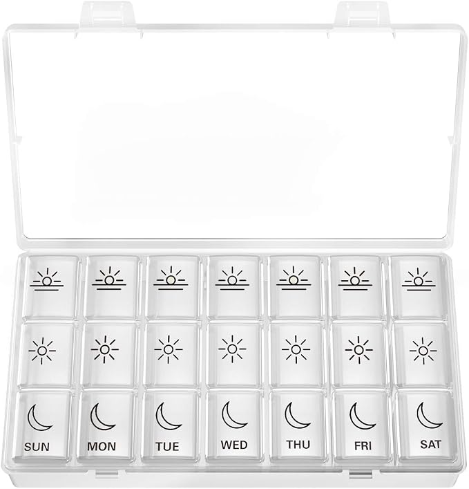 BUG HULL Weekly Pill Organizer 3X a Day, Daily 7 Day Medicine Pill Organizer 3 Times a Day, Travel Pill Case Container for Vitamins, Supplements