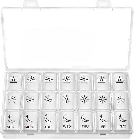 BUG HULL Weekly Pill Organizer 3X a Day, Daily 7 Day Medicine Pill Organizer 3 Times a Day, Travel Pill Case Container for Vitamins, Supplements