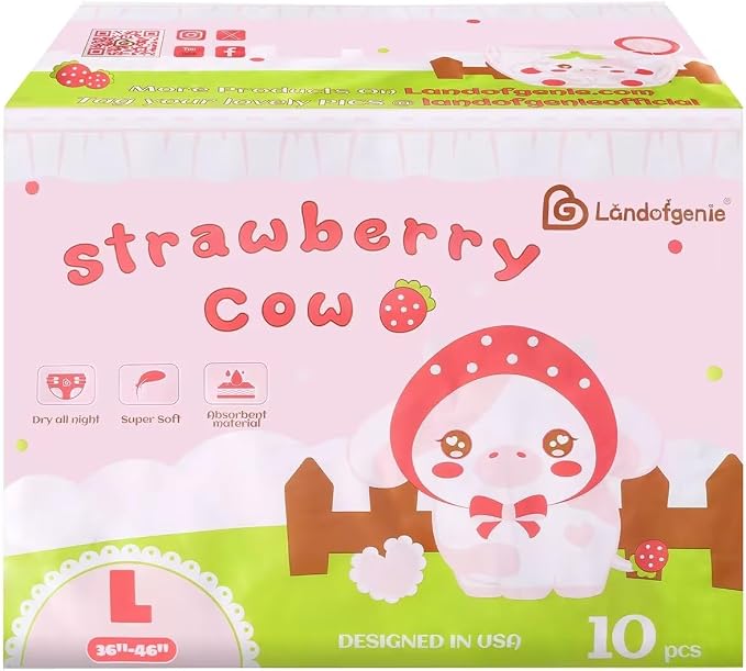 Landofgenie Adult Diapers Large Overnight Printed Diaper with Tabs 10 Pieces - Strawberry Cow (Large 36"-46") | 5000 mL Absorbency, Side Leak-Proof Barriers, Elastic Cuffs & Waistband, Adjustable Tabs