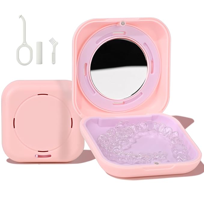 HEMILAB® Retainer Case, Slim Aligner Case with Vent Holes, Compatible with Invisalign, Mouth Guard Case with Mirror, Cute Orthodontic Retainer Case with Retainer Removal Tool and Brush, Pink