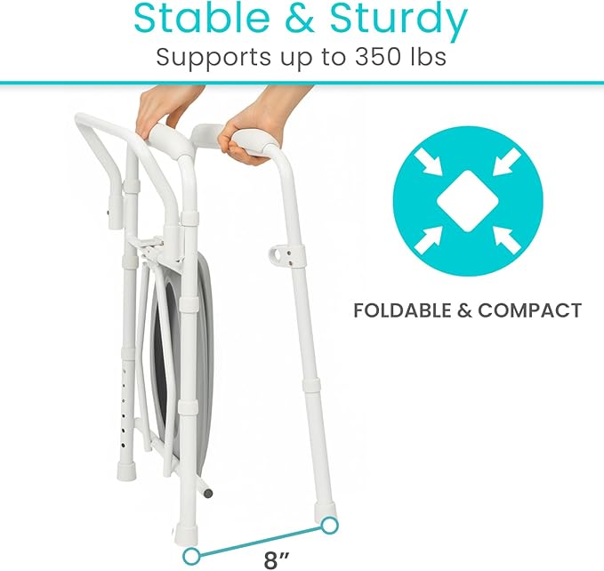 Vive Bedside Commode Toilet Chair (Folding) - 350 lb Capacity, Safety Rail, Shower Chair - 3 in 1 Heavy Duty Bariatric Bucket with Padded Arms, Tight Lid – Portable Seat for Home - Steel