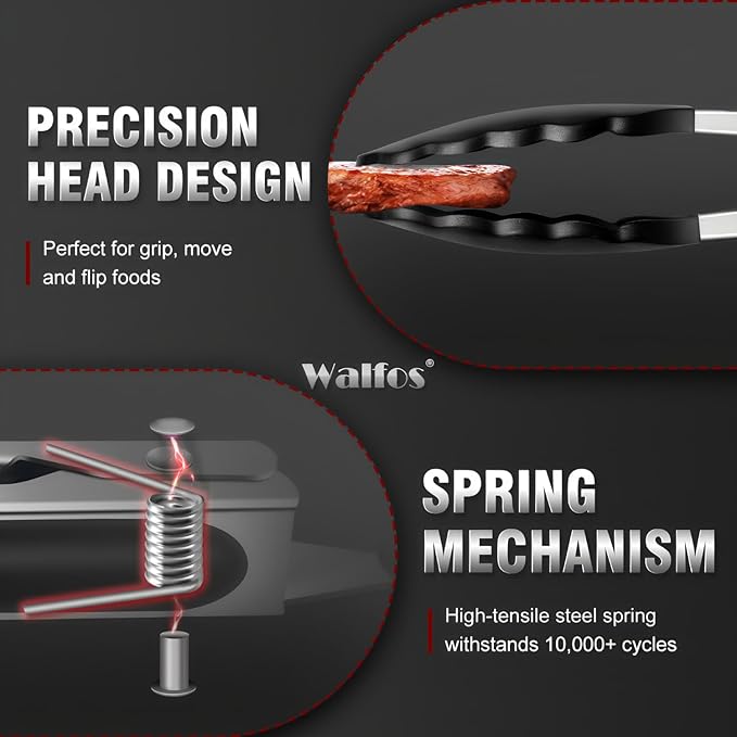 Walfos Kitchen Tongs - Heat Resistant Cooking Tongs Set of 3, Stainless Steel and BPA Free Silicone Tips, Great for Cooking, Grilling, Turning, 7" 9" and 12" (3 black silicone tongs)