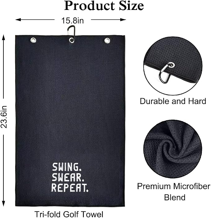 DYJYBMY Swing Swear Repeat Funny Golf Towel, Embroidered Black Golf Towel with Clip, Perfect Golf Birthday Gifts for Husband, Dad, Wife, Mom
