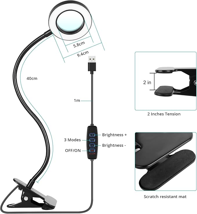 Woputne Desk Lamp 5X Magnifying Glass with Light Clamp Light for Reading | 10 Brightness, 3 Color Modes, 5V/2A Adapter Included – Clip on magnifying light Hands Free for Crafting, Close Work