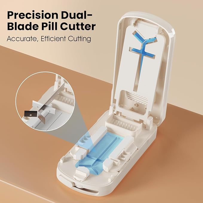 Pill Cutter 1/2 1/3 1/4, Precision Pill Splitter for Small & Large Pills, Adjustable Centering Slot, Dual Safety Blades, 3-in-1 Tablet Cutter, Portable & Easy to Use
