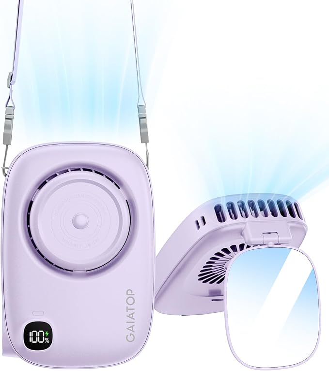 Gaiatop Mini Neck Fan, LED Makeup Mirror, Power Display Portable Fan Purple | 3 Speeds, 360° Rotate Mirror for Handheld Desk Use, Rechargeable Small USB Fan, Personal Cooling Travel Essentials Women Gift