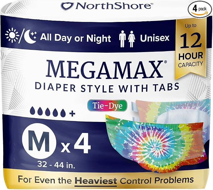 NorthShore MegaMax 12-Hour HBL Adult Diapers for Heavy Bladder Leaks, Medium, 4 Count, Tie-Dye, 32-44 inches, Tab-Style Incontinence Underwear for Men, Women & Teens