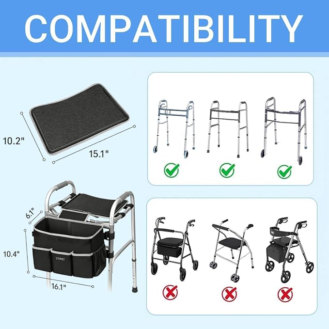 Ytonet Walker Basket with Tray, Detachable Walker Tray for Folding Walkers | Large Capacity Storage Baskets with Phone and Crutch Holder Water-Resistant Non-slip Walkers Accessories for Seniors Black